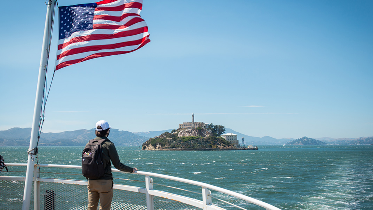 The view from the Alcatraz Cruises boat to Alcatraz Island. The view from the Alcatraz Cruises boat to Alcatraz Island.