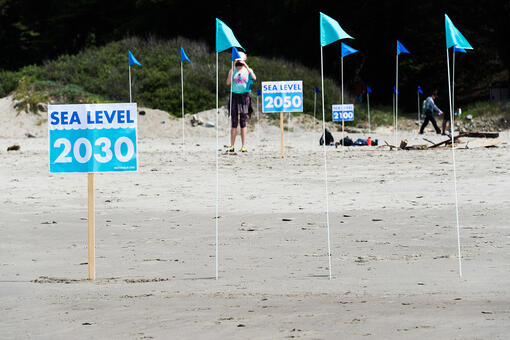 Sea level rise signs on Stinson Beach