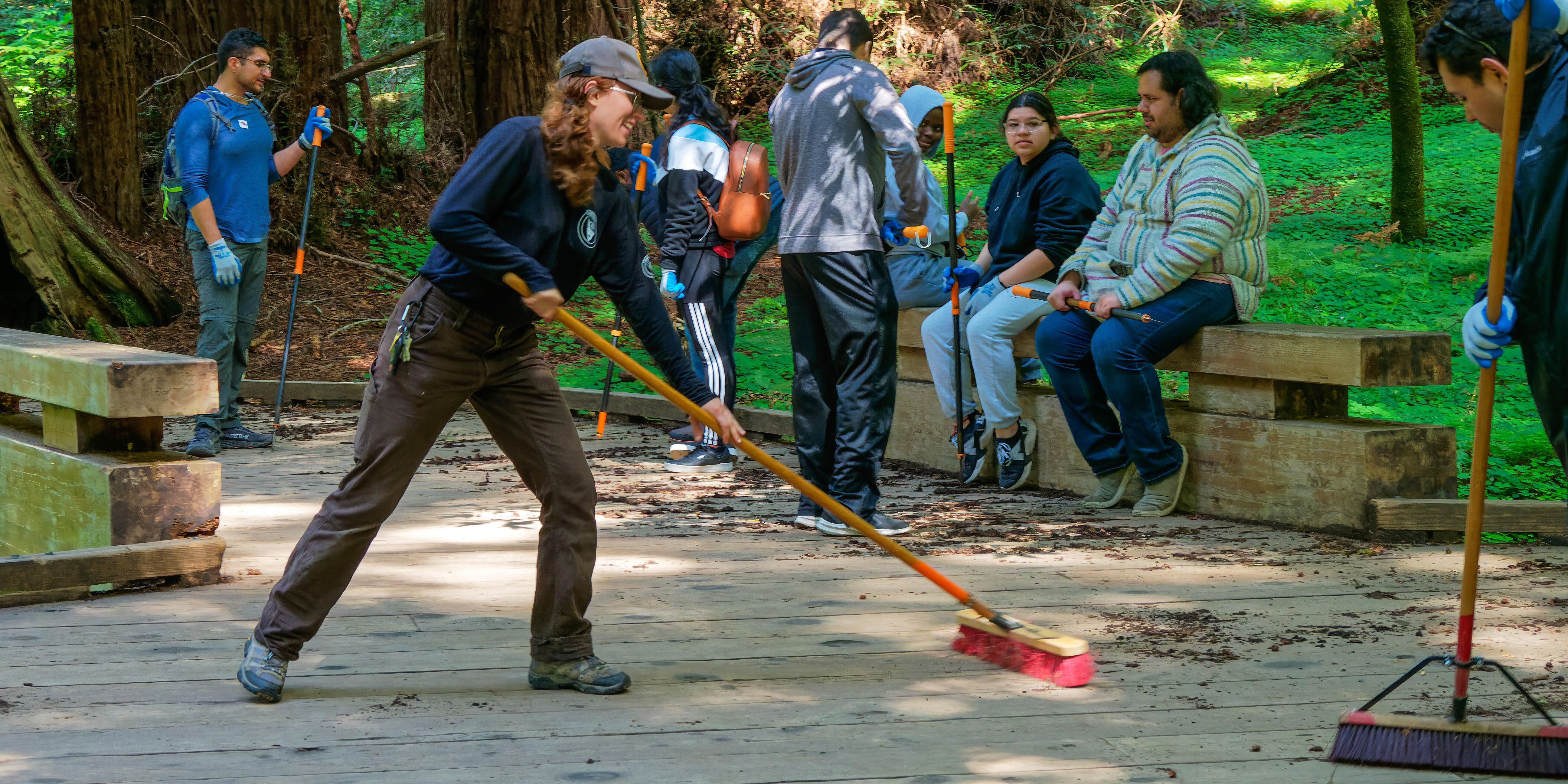 Volunteers maintain the Muir Woods boardwalk 