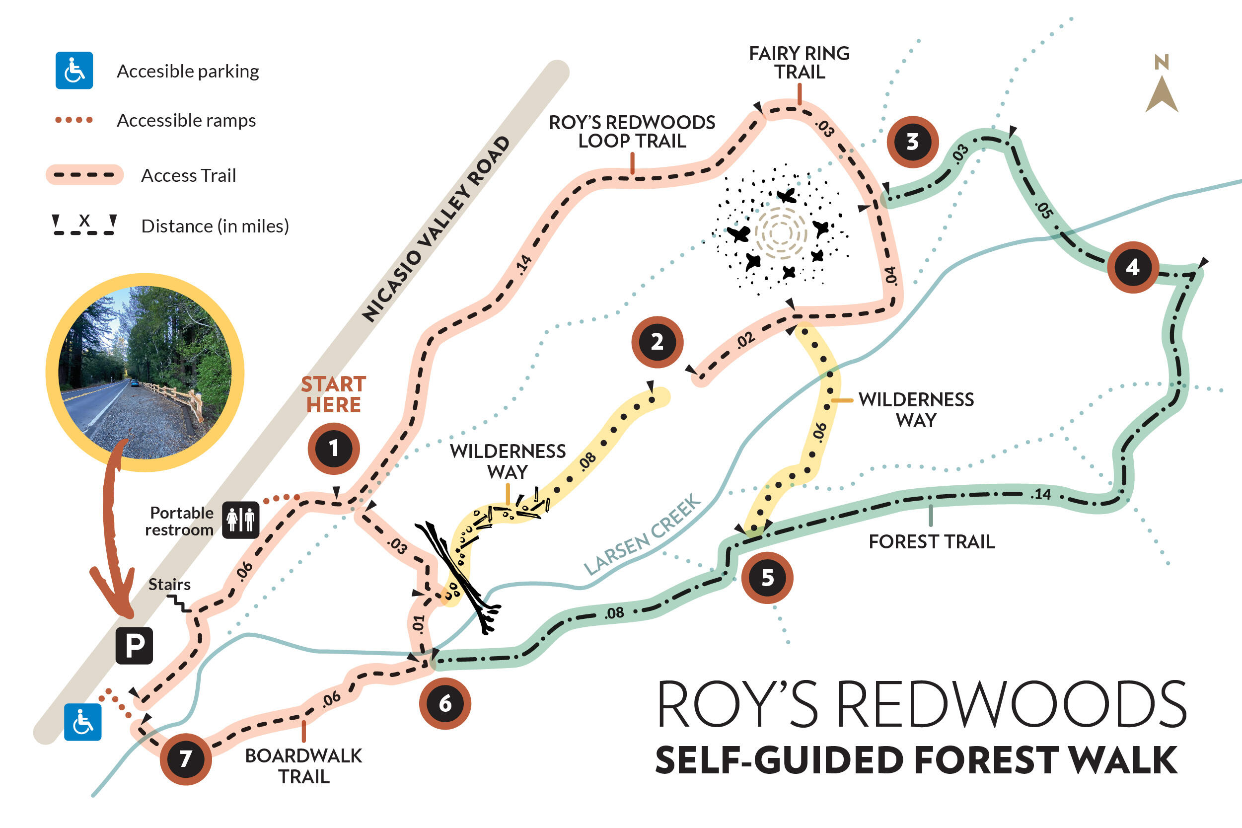 Map of Roy's Redwoods with seven pin-drops