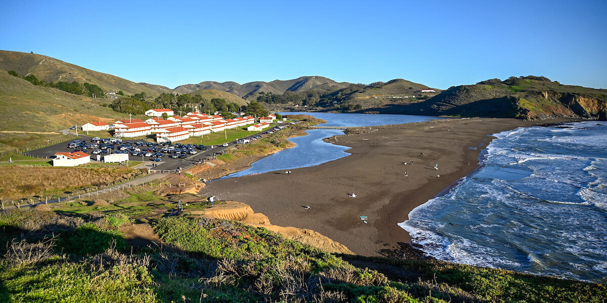 Scenic landscape view of Fort Cronkhite, Rodeo Beach, and the Marin Headlands.