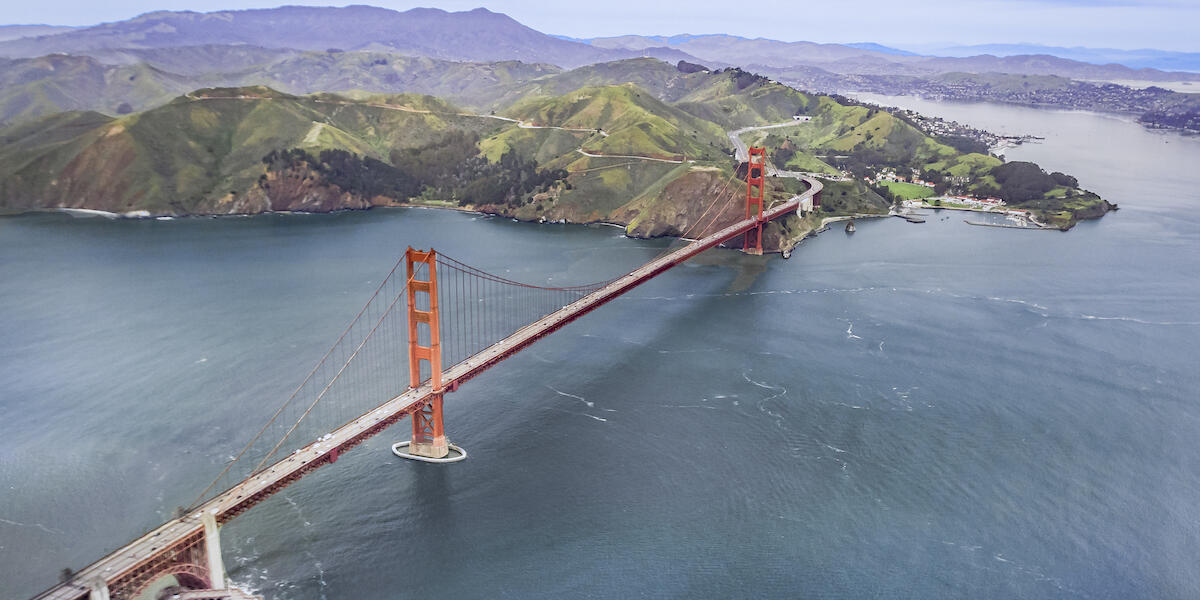 Aerial of the Golden Gate Bridge, Marin Headlands and Fort Baker.