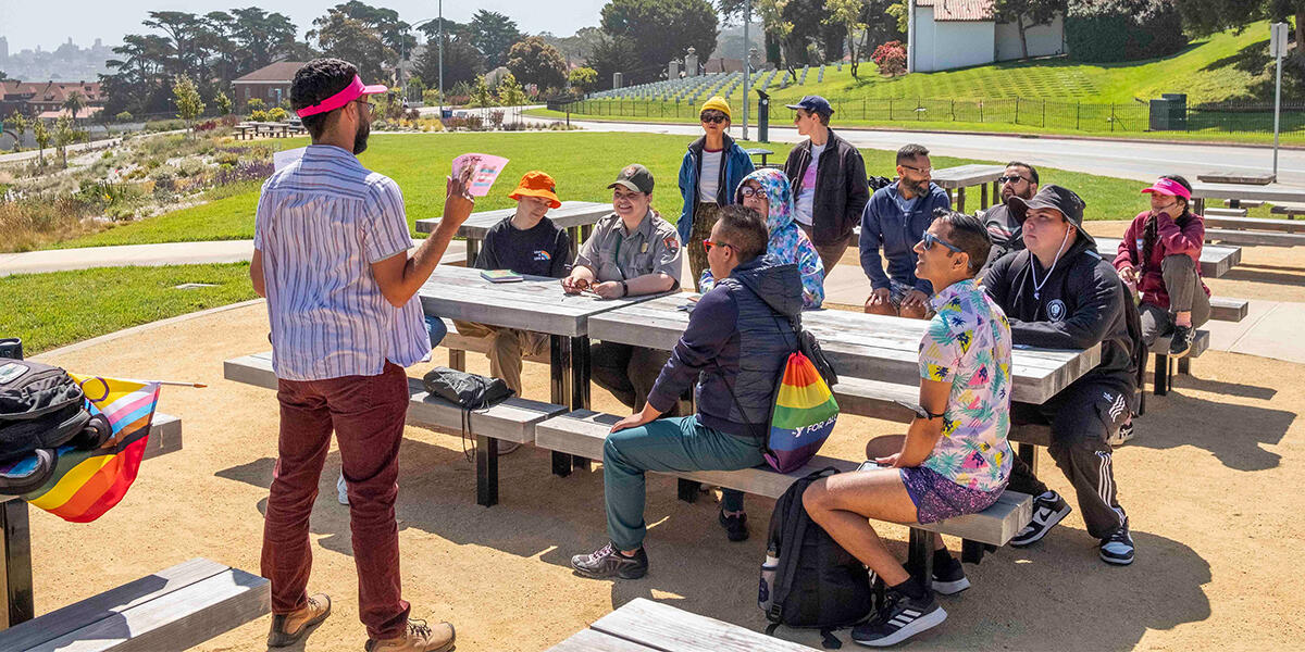 Parks Conservancy staff lead a BIPOC queer history hike at the Pride in the Presidio event on Saturday, June 1st, 2024.