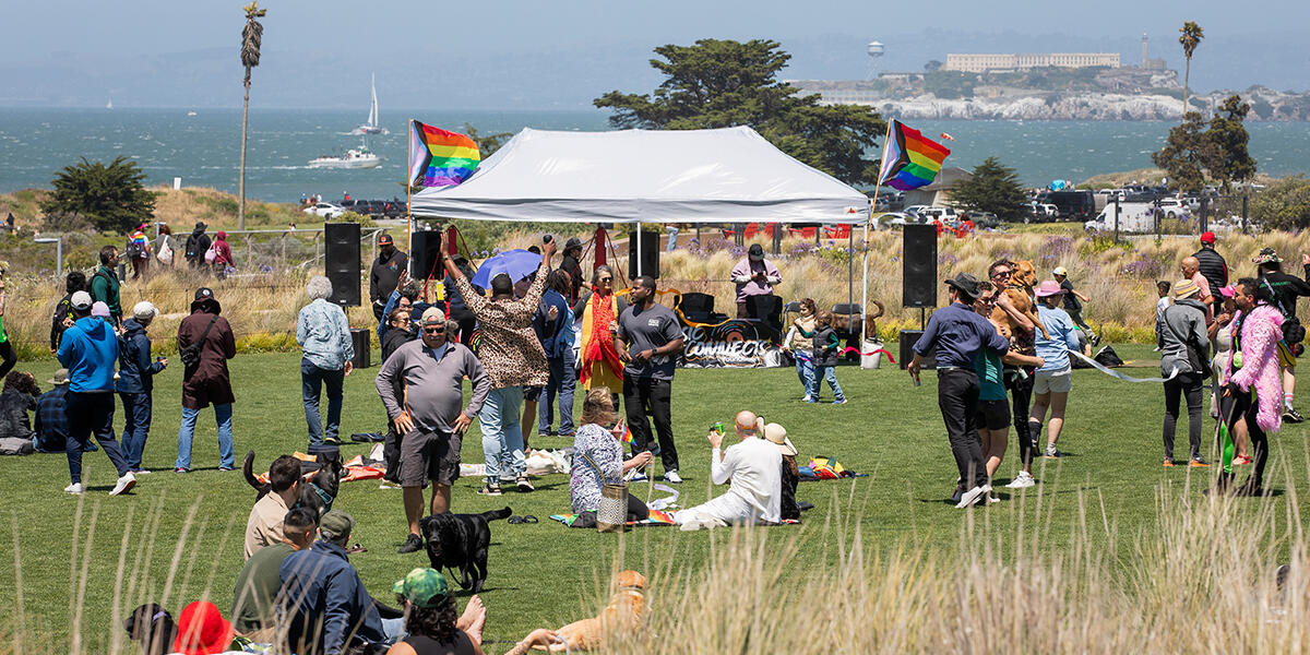 Photograph of the crowd and size of the Tea Dance Celebration at Pride in the Presidio on Saturday, June 1st.