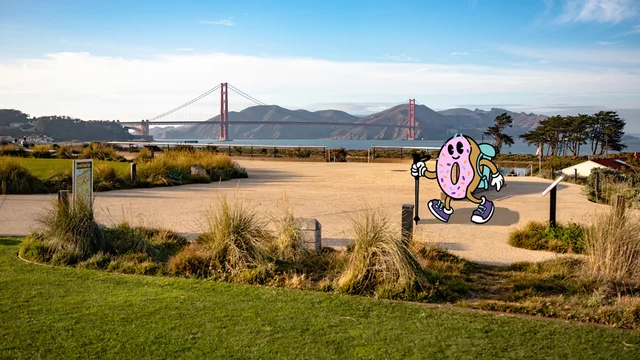 a scenic view from the Presidio Tunnel Tops in San Francisco, with a cartoon don
