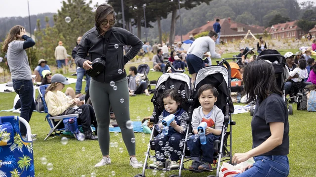 Kids blowing bubbles at Presidio Tunnel Tops.