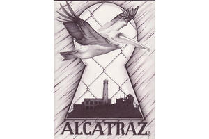 Illustration of Alcatraz as seen through a keyhole, behind a chain link fence as a pelican flies by