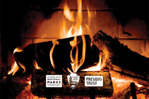 Fire place with Parks Conservancy, NPS and Presidio Trust logos