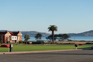 Image of the Presidio Main Post Parade Ground with the Bay in the distance