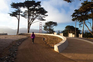Hiker walking near the Golden Gate Overlook