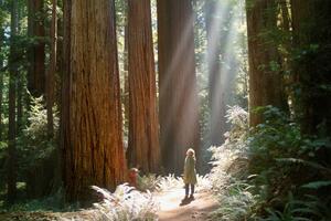 A woman stands amidst towering redwood trees in a forest.