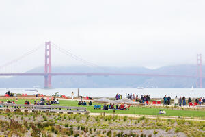 View of Bridge on a foggy day from Presidio Tunnel Tops west lawn