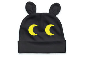 Black and yellow infant cap with animal eyes.