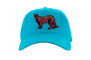 Baseball cap of a graphical mountain lion by artist Favianna Rodriguez