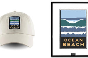 Ocean Beach poster and baseball cap.