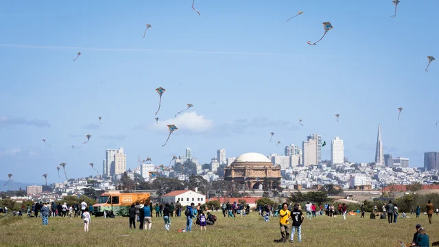 Many kites fill the sky at Crissy Field with crowds of park visitors recreating 