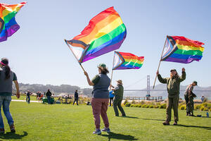 Rainbow LGBTQIA+ pride flags wave at Pride in the Presidio on Saturday, June 1st, 2024.