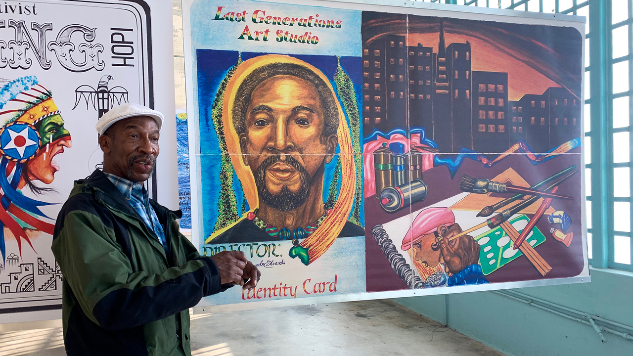 Featured artist Lumumba Edwards at the Future IDs exhibition. Lumumba Edwards