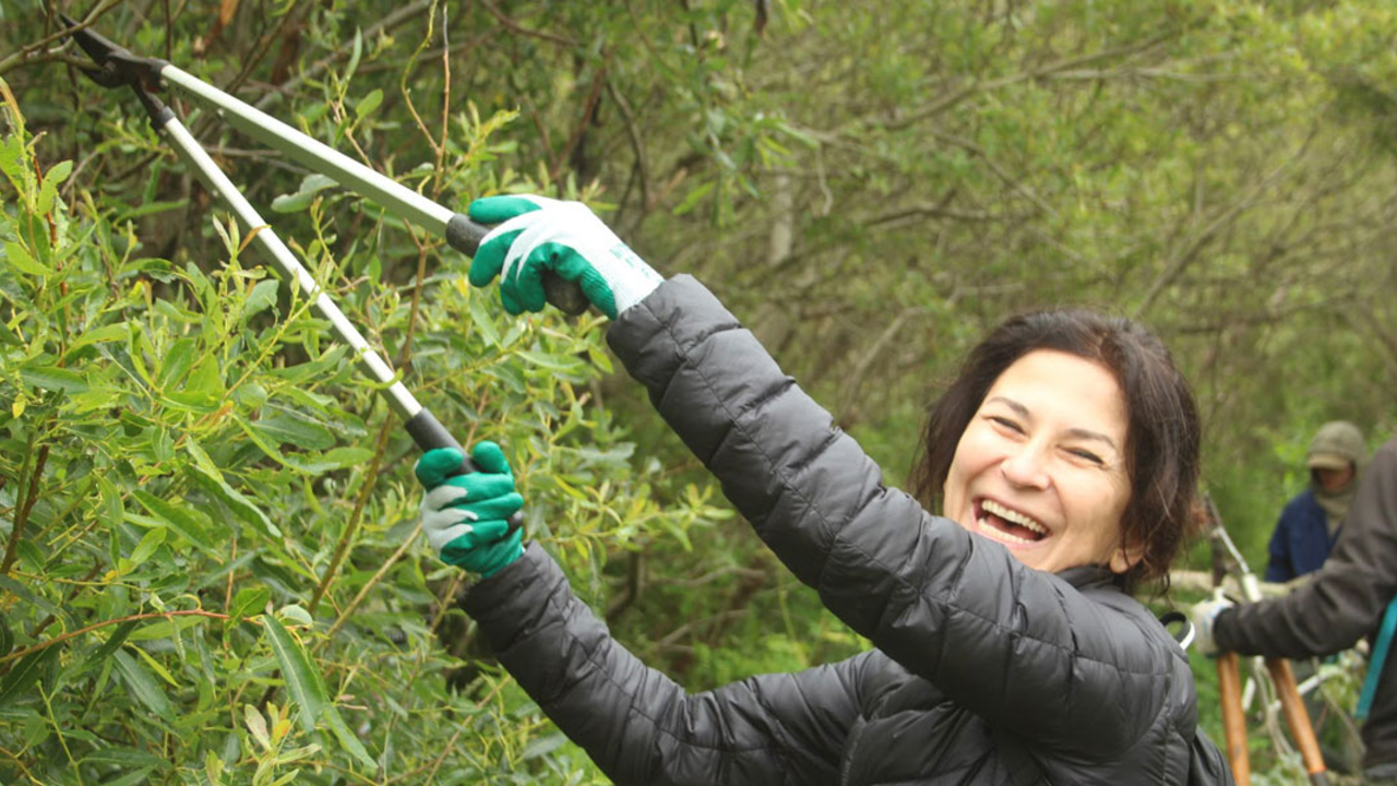 TEVA_190601_EAl-(39)_2x1.jpg A volunteer uses plant shears to trim a bush along a trail