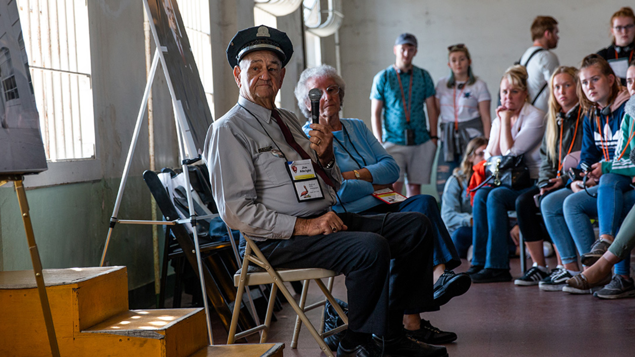 Former Alcatraz guard Jim Albright speaks at the final Alcatraz reunion on August 12, 2018. Former Alcatraz guard Jim Albright speaks at the final Alcatraz reunion on August 12, 2018.