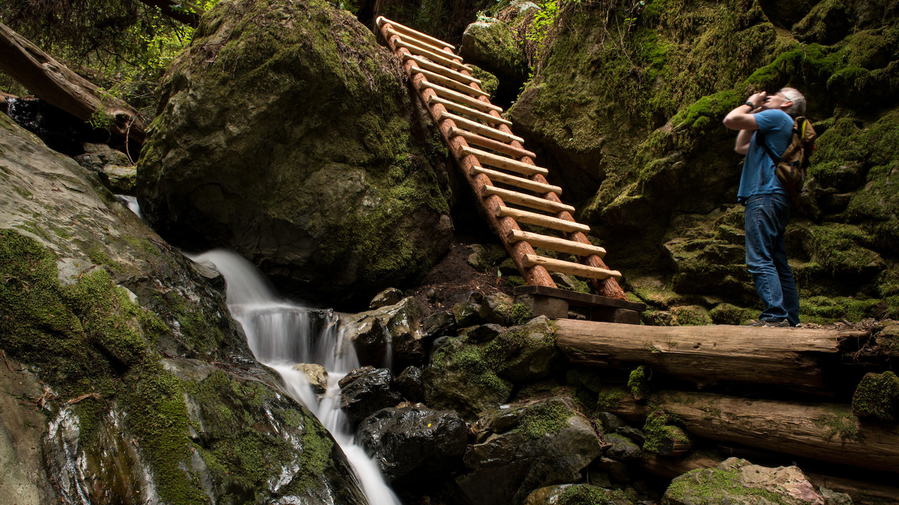 Photographer and Waterfall on Steep Ravine Trail Photographer and Waterfall on Steep Ravine Trail