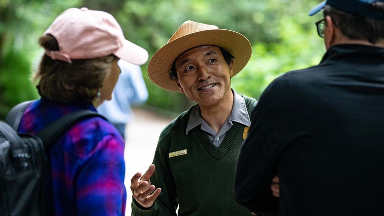 National Park Service Ranger Todd Hisaichi at Muir Woods National Monument. National Park Service Ranger Todd Hisaichi at Muir Woods National Monument.