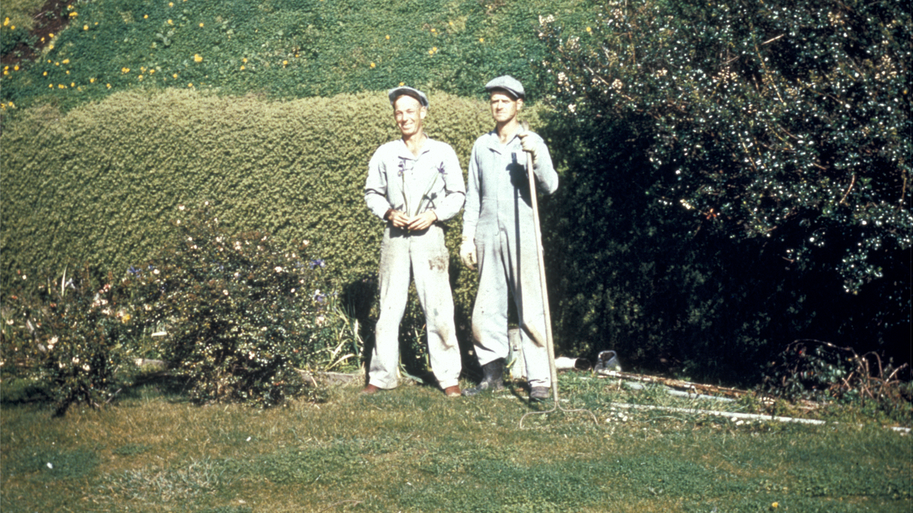 Inmates in the Gardens Two Alcatraz inmates standing in the garden