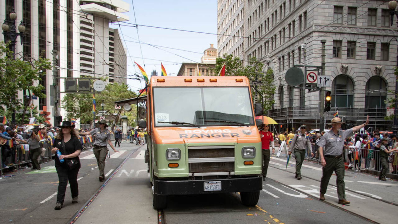 GGNRA_2023_06_25_TStarling-10_2x1.jpg The Roving Ranger truck decked out with rainbow flags for the 2023 Pride parade.