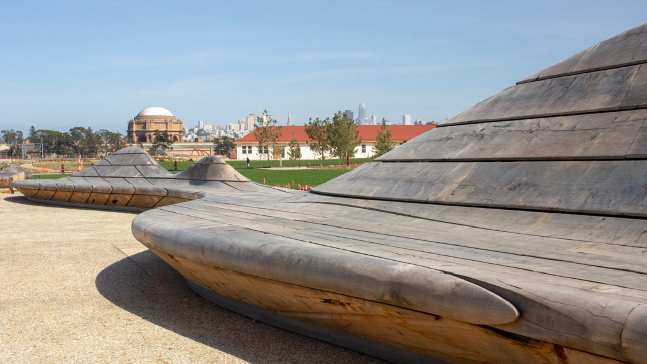 Stunning views are in always in sight at Presidio Tunnel Tops. A view of The Palace of Fine Arts and San Francisco skyline from the park bench at the Presidio Tunnel Tops.
