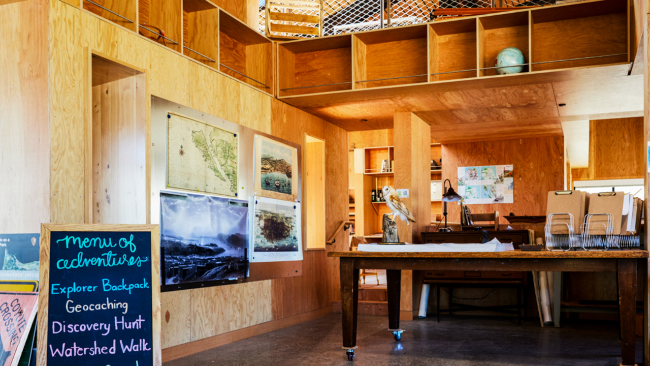 The Field Station at Presidio Tunnel Tops youth campus. Presidio Tunnel Tops Field Station interior filled with fun and educational tools and activities