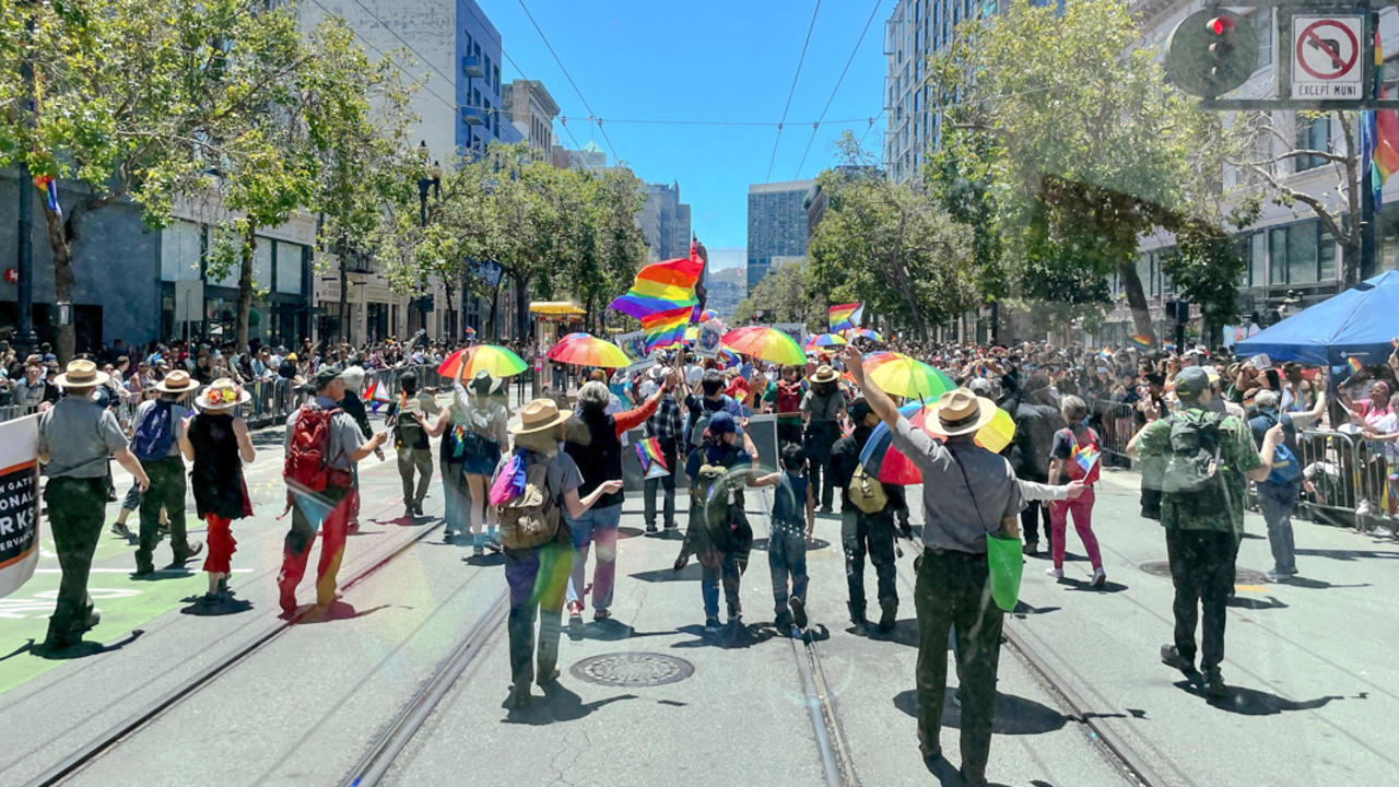 A view of the 2022 SF Pride parade from inside of the Roving Ranger. A view of the 2022 SF Pride parade from inside of the Roving Ranger.