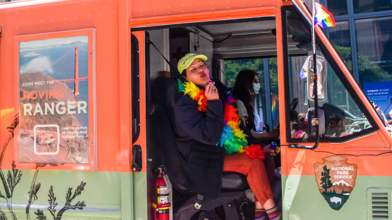 Having fun and adding joy from the Roving Ranger! A Conservancy staff member blows bubbles from the Roving Ranger at the 2022 SF Pride parade.