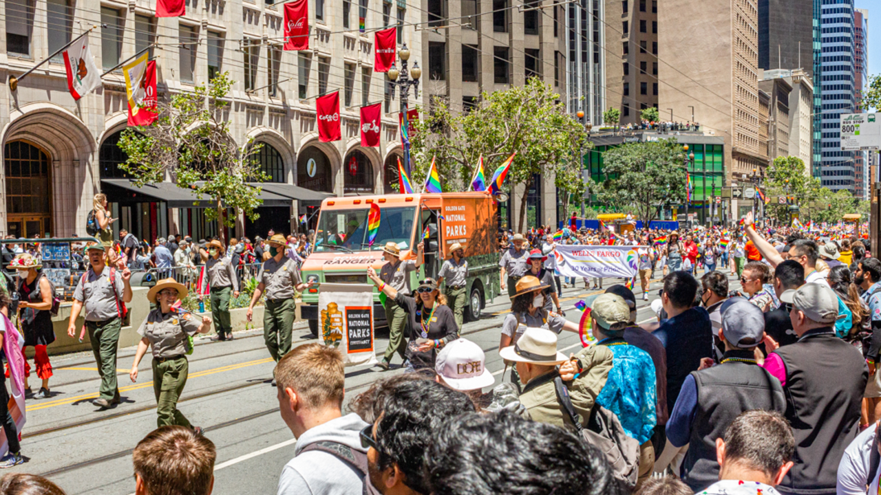 The parade continues down Market st. The Golden Gate National Parks cohort marches down Market st. at the 2022 SF Pride parade.