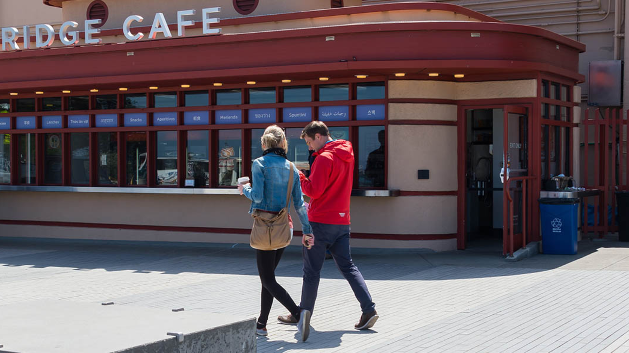 Bridge Cafe A couple walking toward the Bridge Cafe