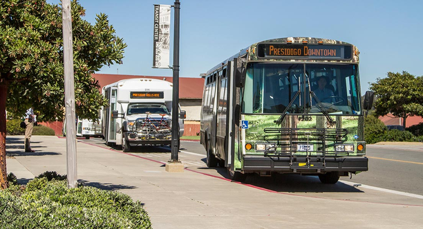 PresidiGo buses at the Transit Center in the Presidio of San Francisco. PresidiGo buses at the Transit Center in the Presidio of San Francisco.