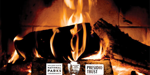 Fire place with Parks Conservancy, NPS and Presidio Trust logos