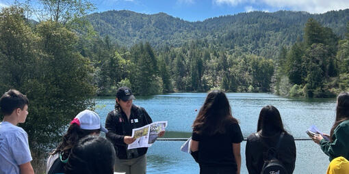 Visitors enjoy a sunny day at Lake Lagunitas.