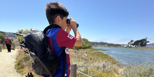 Kid with binoculars staring at Crissy Field Marsh.