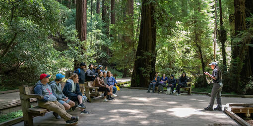 Park staff sharing upcoming projects in Muir Woods