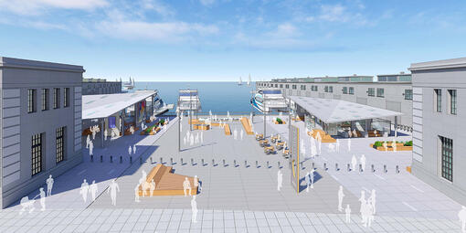 Rendering shows people enjoying the Alcatraz Embarkation Plaza